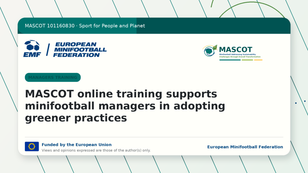 Online training session for minifootball managers focused on sustainability and green event practices.